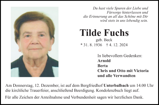 Traueranzeige von Tilde Fuchs von Fränkische Nachrichten