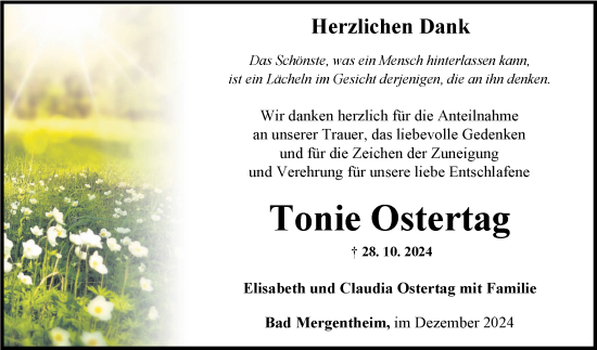 Traueranzeige von Tonie Ostertag von Fränkische Nachrichten