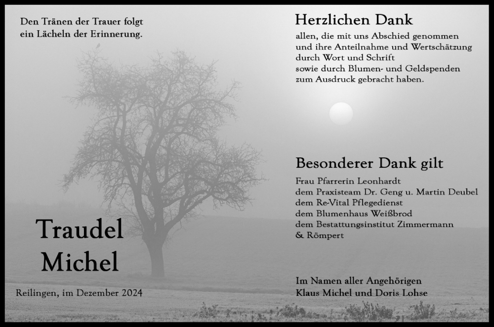  Traueranzeige für Traudel Michel vom 19.12.2024 aus Schwetzinger Zeitung
