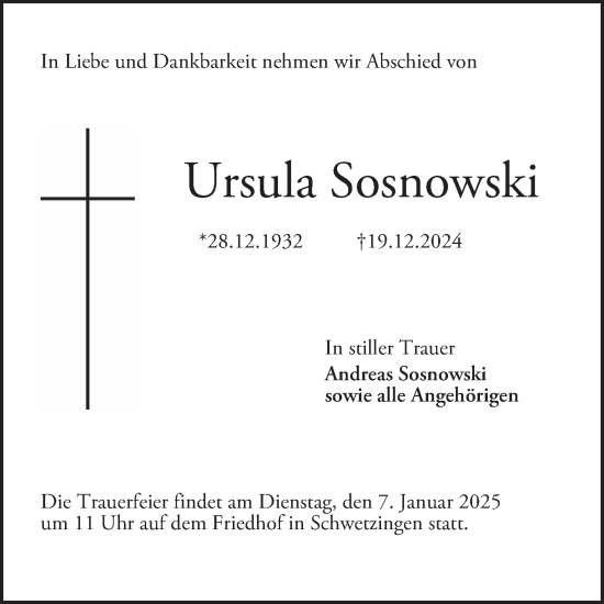 Traueranzeige von Ursula Sosnowski von Schwetzinger Zeitung