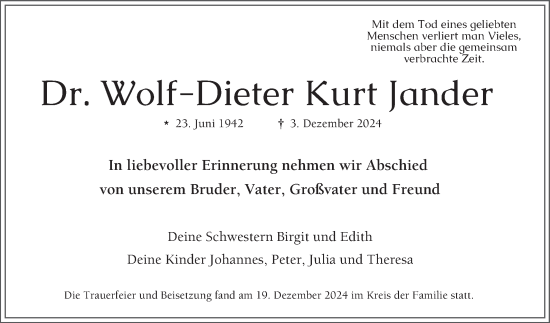 Traueranzeige von Wolf-Dieter Kurt Jander von Mannheimer Morgen