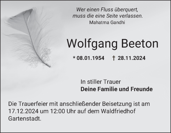 Traueranzeige von Wolfgang Beeton von Mannheimer Morgen