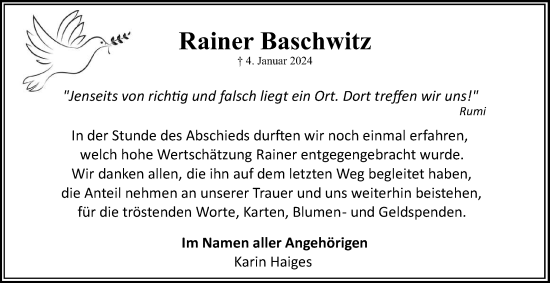 Traueranzeige von Rainer Baschwitz von Mannheimer Morgen