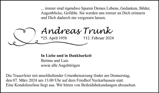 Traueranzeige von Andreas Trunk von Mannheimer Morgen
