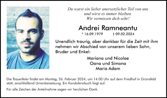 Traueranzeige von Andrei Ramneantu von Fränkische Nachrichten