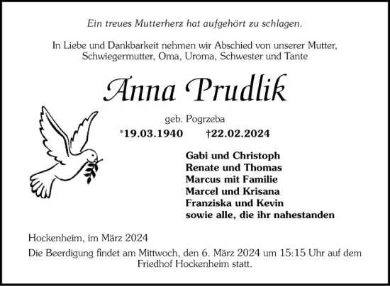 Traueranzeige von Anna Prudlik von Schwetzinger Zeitung