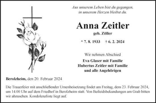 Traueranzeige von Anna Zeitler von Fränkische Nachrichten
