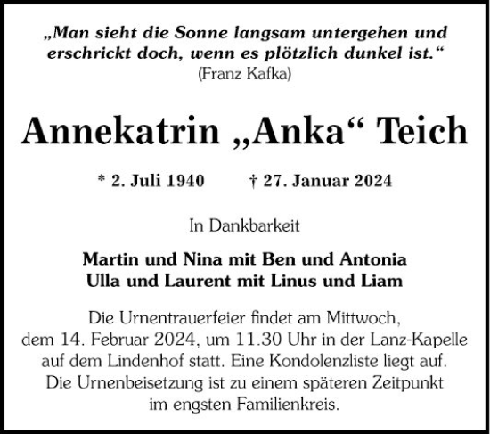 Traueranzeige von Annekatrin Anka Teich von Mannheimer Morgen