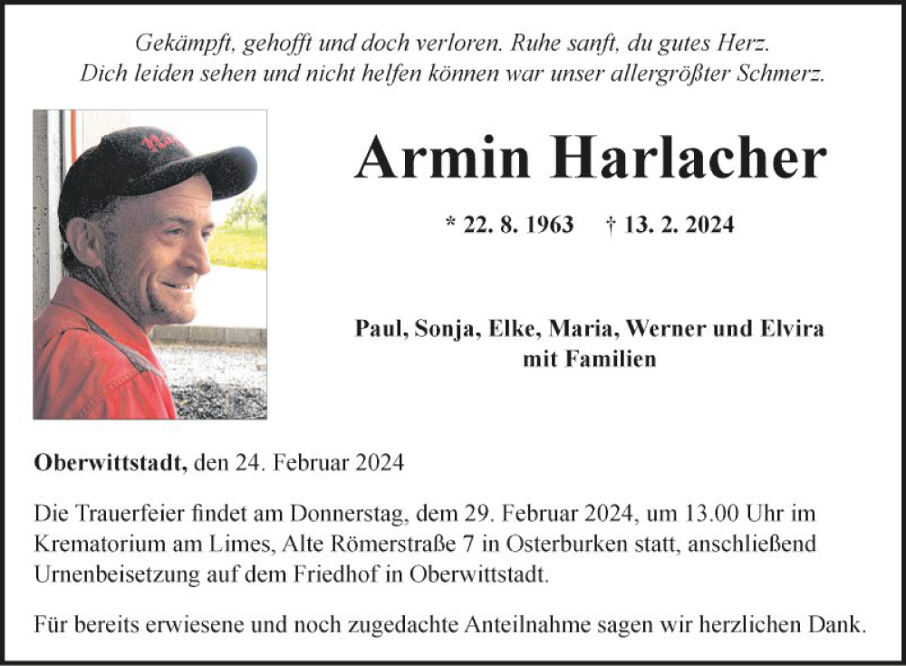  Traueranzeige für Armin Harlacher vom 24.02.2024 aus Fränkische Nachrichten
