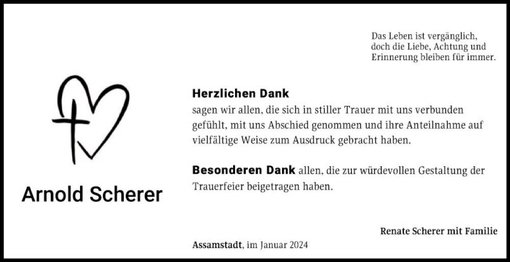  Traueranzeige für Arnold Scherer vom 06.02.2024 aus Fränkische Nachrichten
