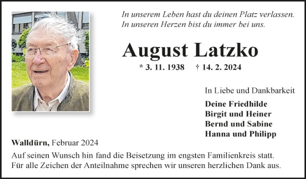  Traueranzeige für August Latzko vom 24.02.2024 aus Fränkische Nachrichten