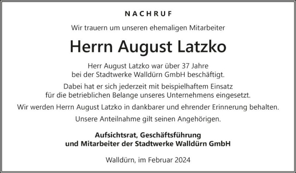  Traueranzeige für August Latzko vom 24.02.2024 aus Fränkische Nachrichten