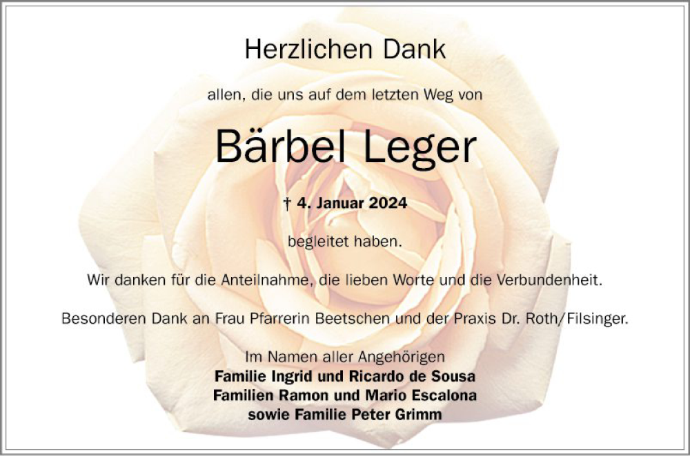  Traueranzeige für Bärbel Leger vom 03.02.2024 aus Schwetzinger Zeitung