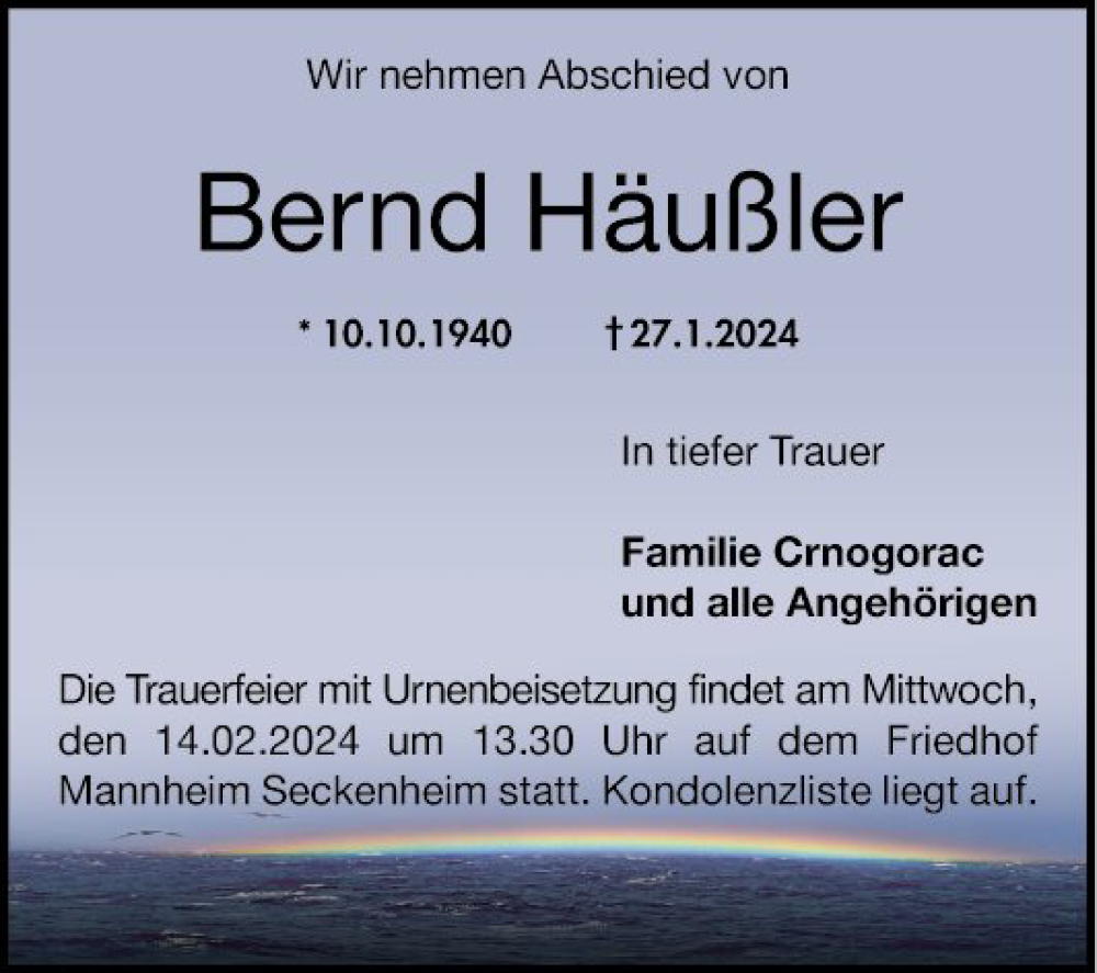  Traueranzeige für Bernd Häußler vom 10.02.2024 aus Mannheimer Morgen