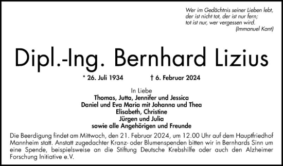 Traueranzeige von Bernhard Lizius von Mannheimer Morgen