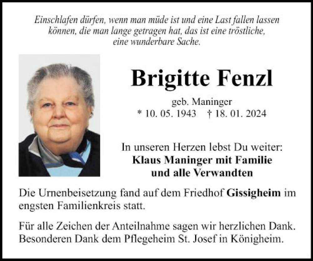  Traueranzeige für Brigitte Fenzl vom 09.02.2024 aus Fränkische Nachrichten