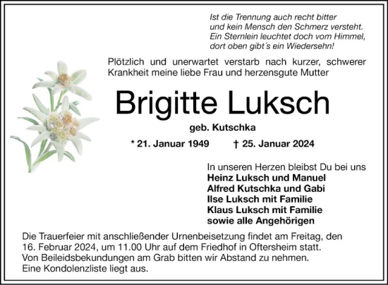 Traueranzeige von Brigitte Luksch von Schwetzinger Zeitung