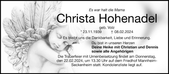 Traueranzeige von Christa Hohenadel von Mannheimer Morgen
