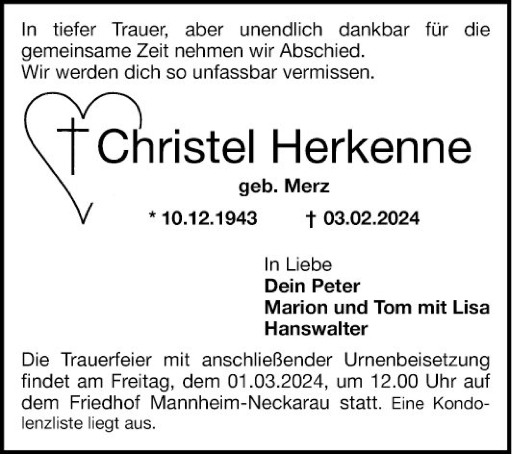  Traueranzeige für Christel Herkenne vom 24.02.2024 aus Mannheimer Morgen