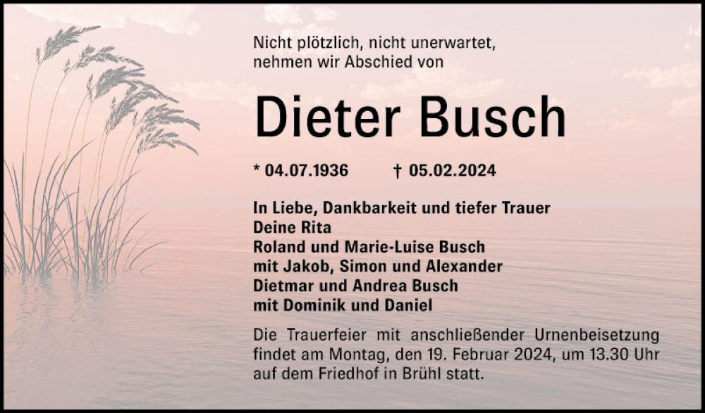 Traueranzeige für Dieter Busch vom 17.02.2024 aus Schwetzinger Zeitung