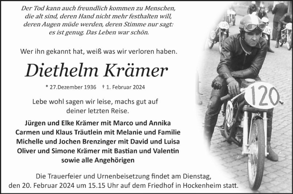  Traueranzeige für DietheLm Krämer vom 17.02.2024 aus Schwetzinger Zeitung