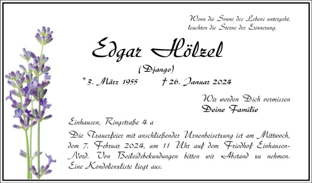  Traueranzeige für Edgar Hölzel vom 03.02.2024 aus Bergsträßer Anzeiger
