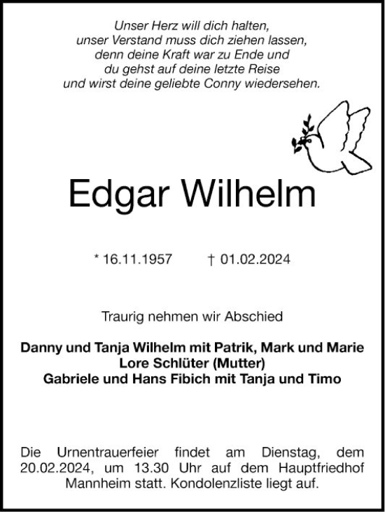 Traueranzeige von Edgar Wilhelm von Mannheimer Morgen