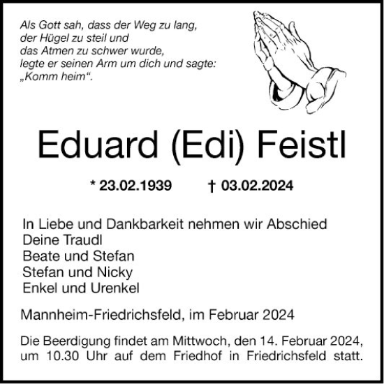 Traueranzeige von Eduard Feistl von Mannheimer Morgen