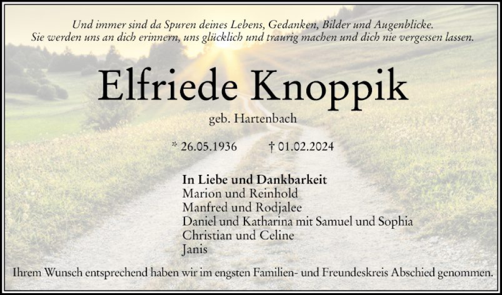  Traueranzeige für Elfriede Knoppik vom 24.02.2024 aus Mannheimer Morgen