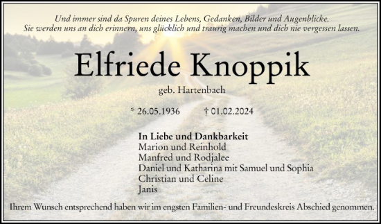 Traueranzeige von Elfriede Knoppik von Mannheimer Morgen