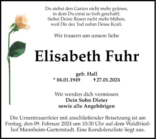 Traueranzeige von Elisabeth Fuhr von Mannheimer Morgen