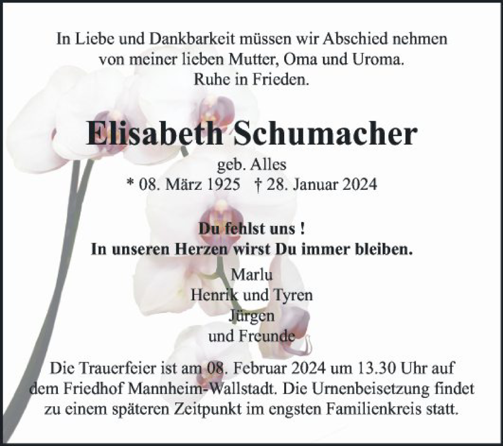 Traueranzeige für Elisabeth Schurnacher vom 03.02.2024 aus Mannheimer Morgen