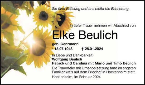 Traueranzeige von Elke Beulich von Schwetzinger Zeitung