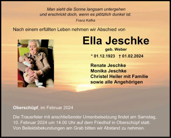 Traueranzeige von Ella Jeschke von Fränkische Nachrichten