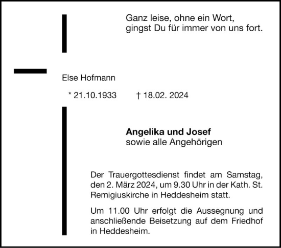 Traueranzeige von Else Hofmann von Mannheimer Morgen