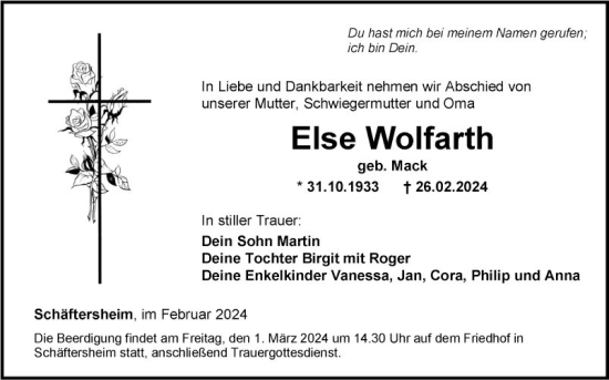 Traueranzeige von Else Wolfarth von Fränkische Nachrichten