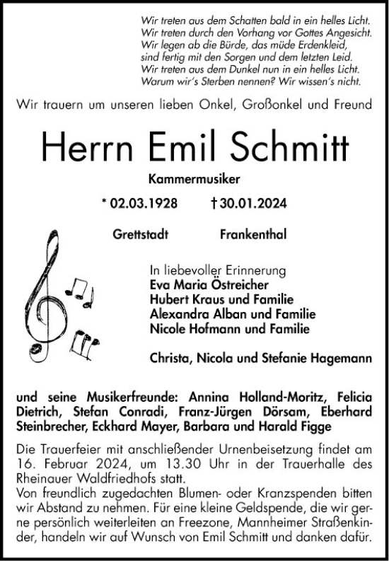 Traueranzeige von Emil Schmitt von Mannheimer Morgen