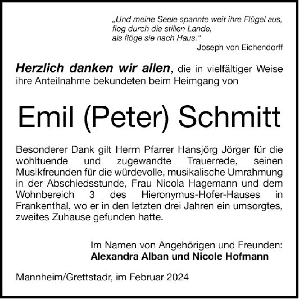  Traueranzeige für Emil Schmitt vom 24.02.2024 aus Mannheimer Morgen