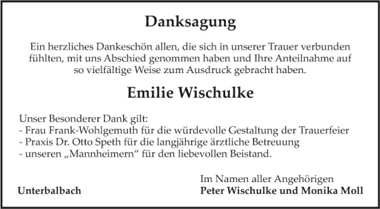 Traueranzeige von Emilie Wischulke von Fränkische Nachrichten