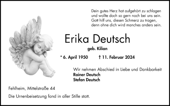 Traueranzeige von Erika Deutsch von Bergsträßer Anzeiger