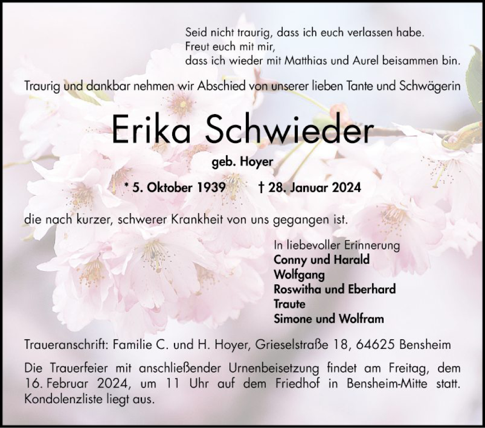  Traueranzeige für Erika Schwieder vom 10.02.2024 aus Bergsträßer Anzeiger