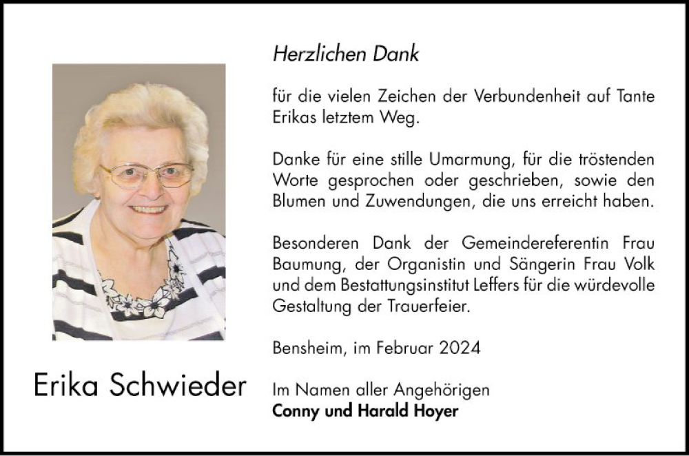  Traueranzeige für Erika Schwieder vom 24.02.2024 aus Bergsträßer Anzeiger