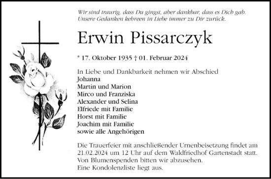 Traueranzeige von Erwin Pissarczyk von Mannheimer Morgen