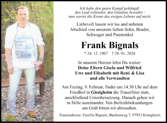 Traueranzeige von Frank Bignals von Fränkische Nachrichten