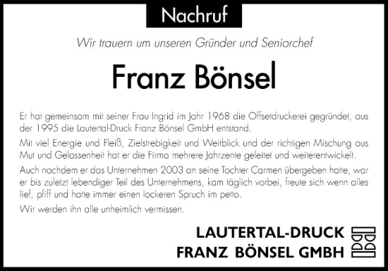 Traueranzeige von Franz Bönsel von Bergsträßer Anzeiger