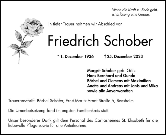Traueranzeige von Friedrich Schober von Bergsträßer Anzeiger