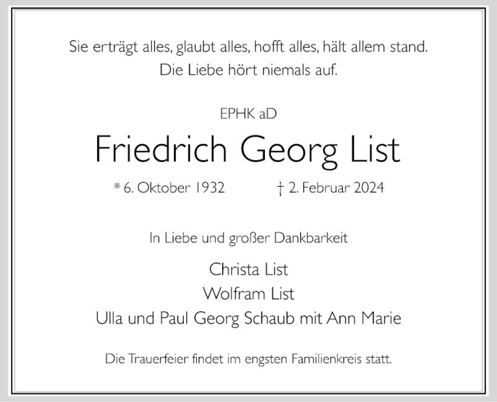  Traueranzeige für Friedrich Georg List vom 24.02.2024 aus Bergsträßer Anzeiger