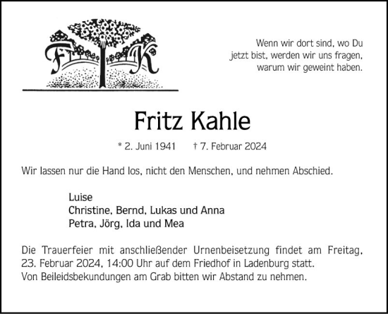 Traueranzeige von Fritz Kahle von Mannheimer Morgen