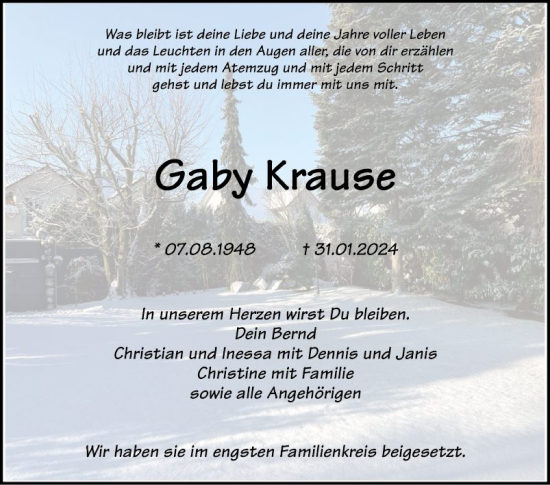 Traueranzeige von Gaby Krause von Schwetzinger Zeitung