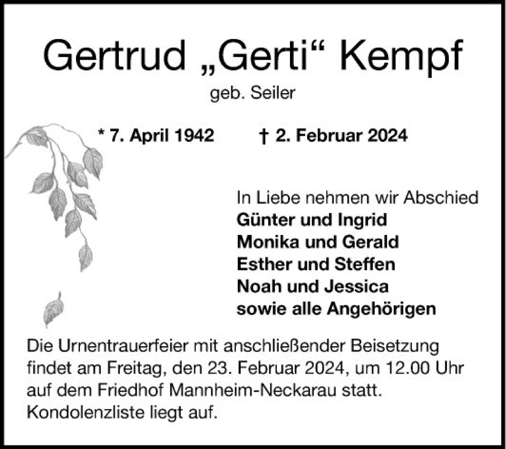  Traueranzeige für Gertrud  Kempf vom 17.02.2024 aus Mannheimer Morgen